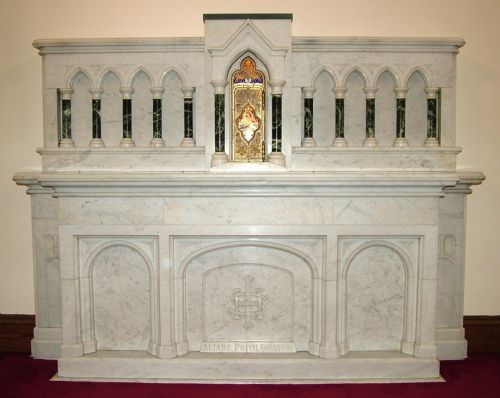 very large antique carved white carrera marble church altar with tabernacle
