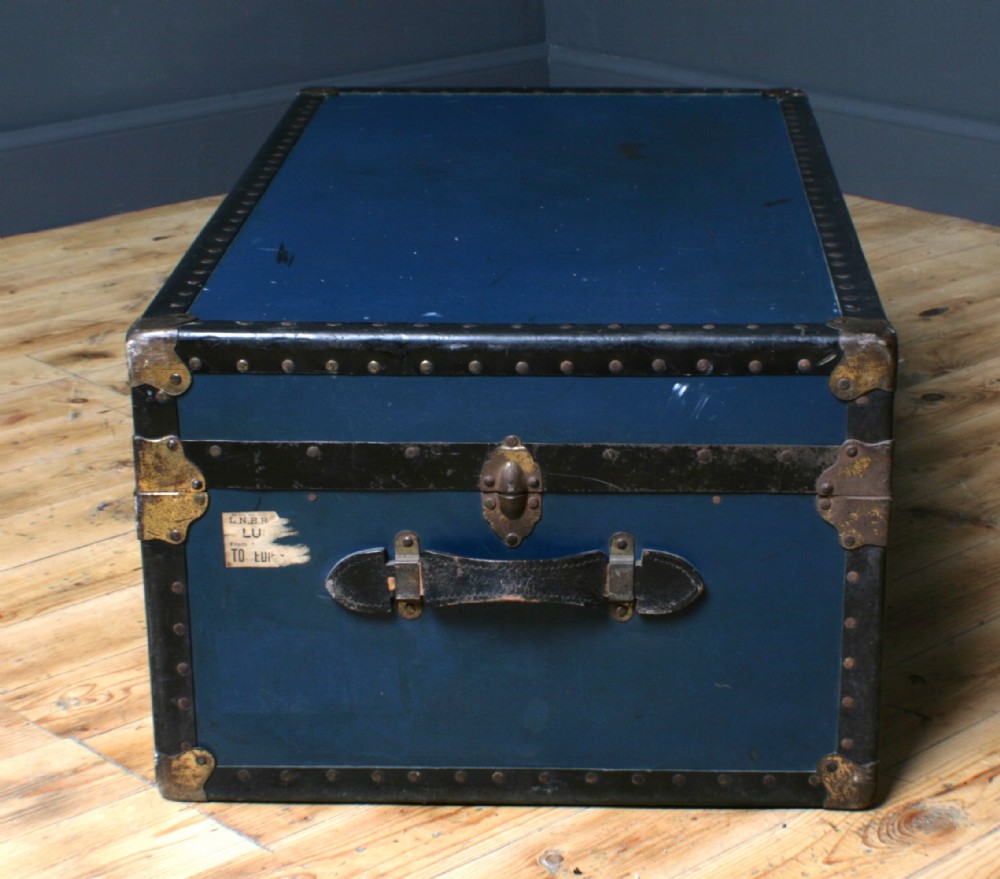 attractive large vintage metal bound chest storage shipping trunk