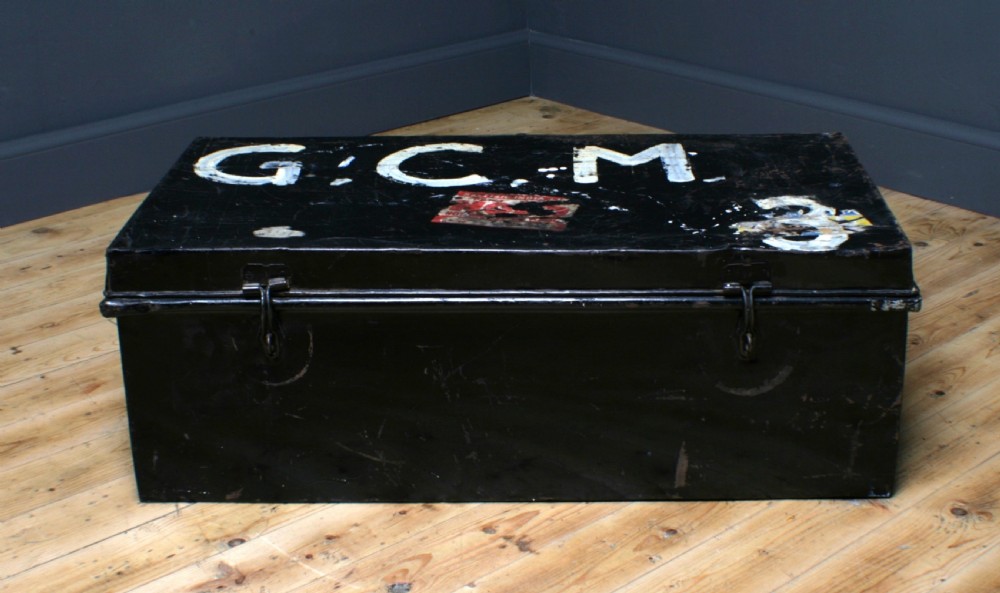 attractive antique black painted metal chest storage shipping trunk toy box