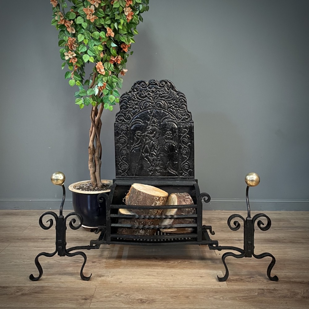 attractive antique large cast wrought iron fire basket with back