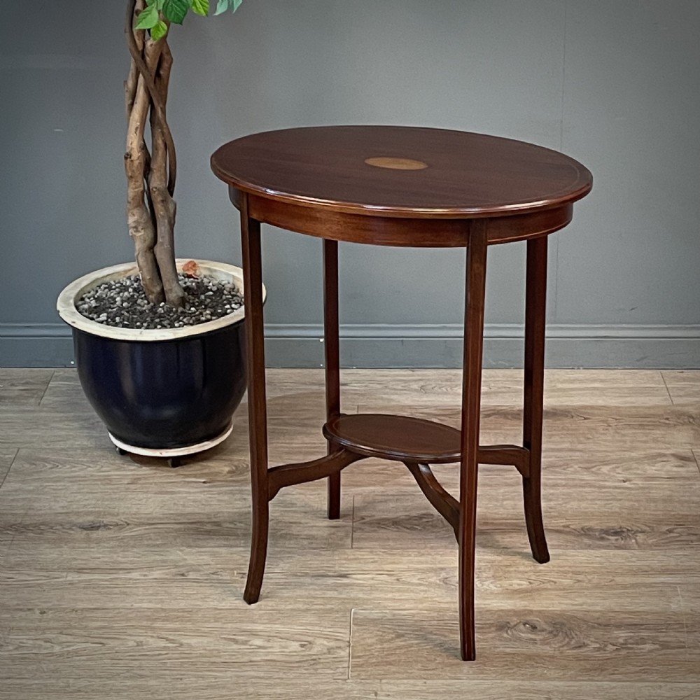 attractive edwardian oval inlaid mahogany two tier side table