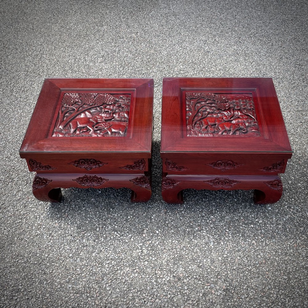 attractive pair of oriental carved cherry wood lamp side tables