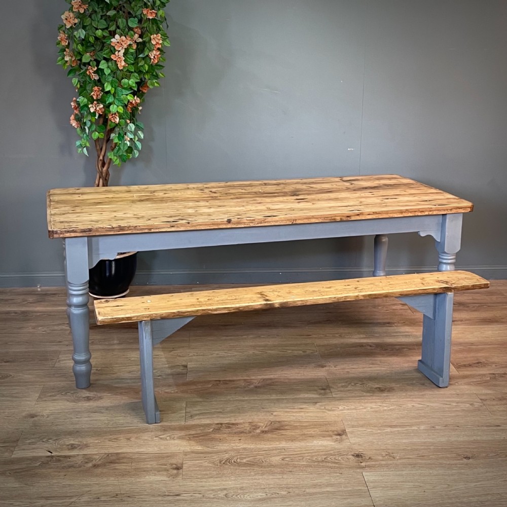 attractive large rustic farmhouse pine kitchen table matching bench
