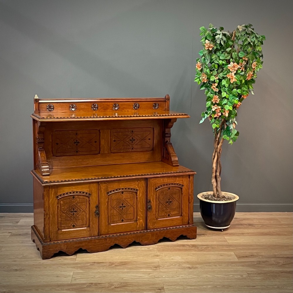 attractive large antique victorian gothic aesthetic movement oak sideboard