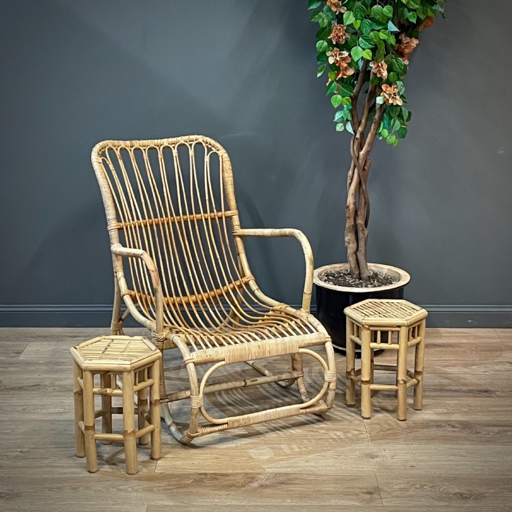 attractive vintage 60s bamboo and cane armchair and two plant stands