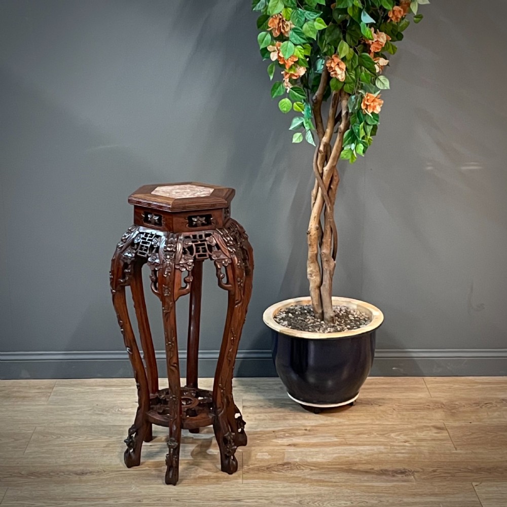 attractive tall oriental carved plant stand with marble top