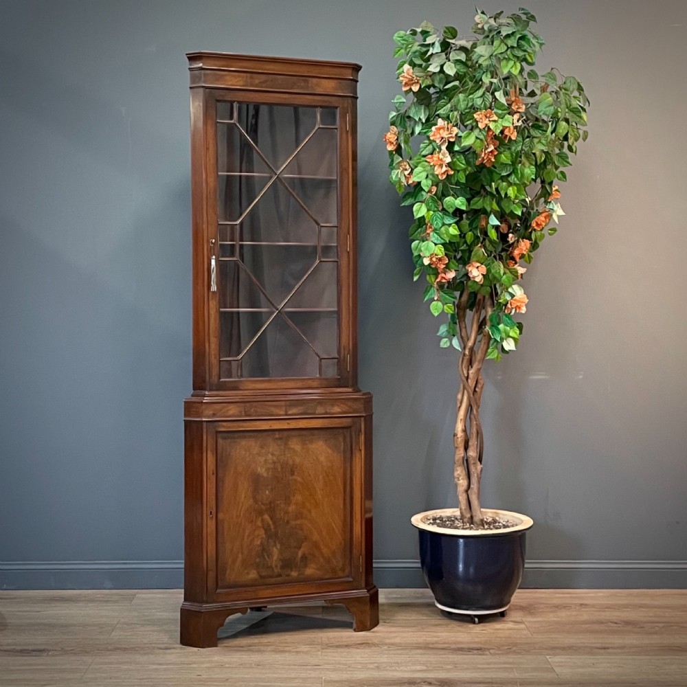 attractive vintage tall mahogany corner display cabinet base cupboard