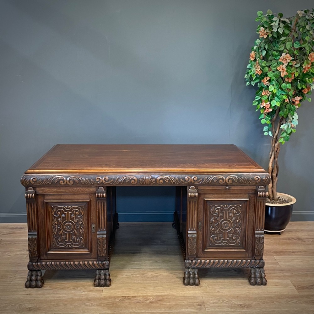 attractive large antique carved oak twin pedestal partners desk