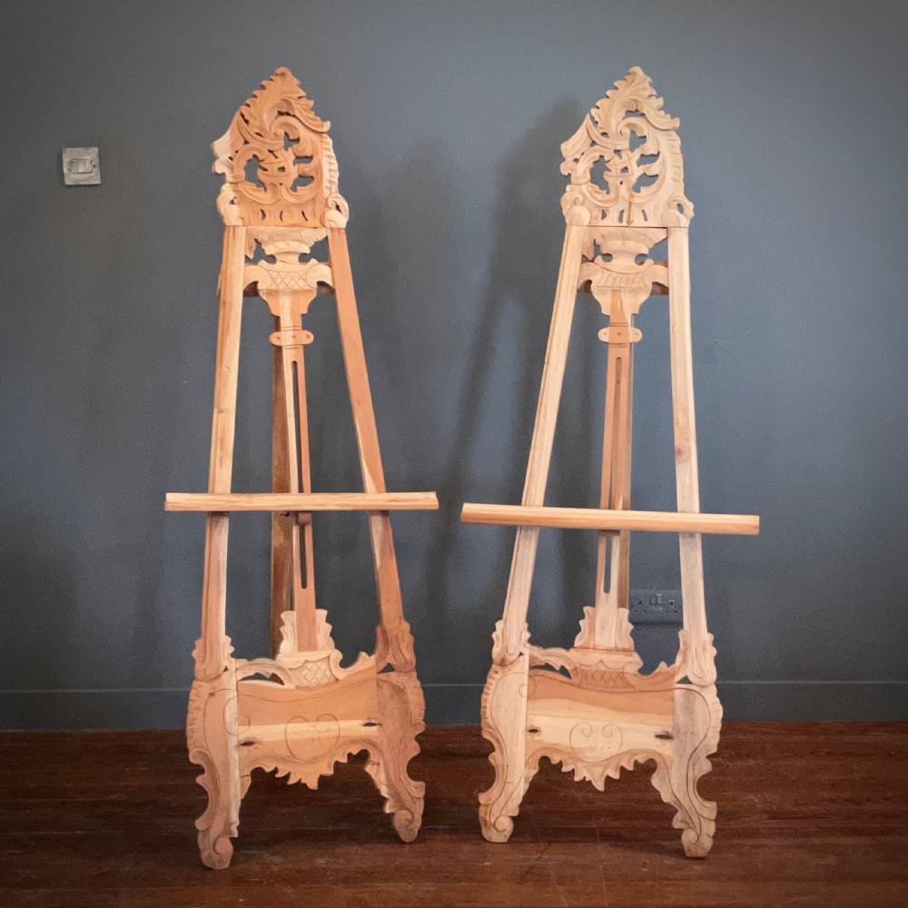 attractive pair of rustic carved hardwood painting easels stands