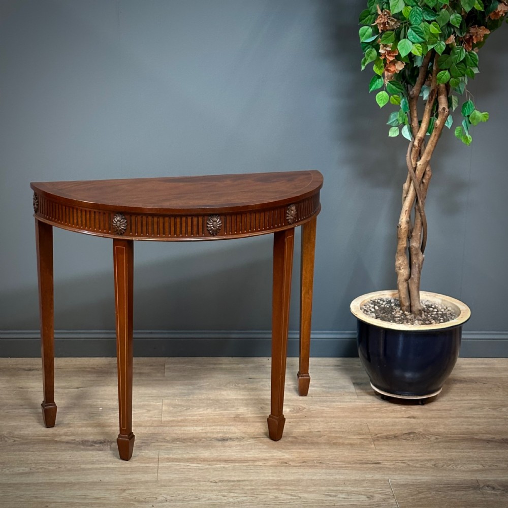attractive large inlaid carved mahogany demilune hall side table
