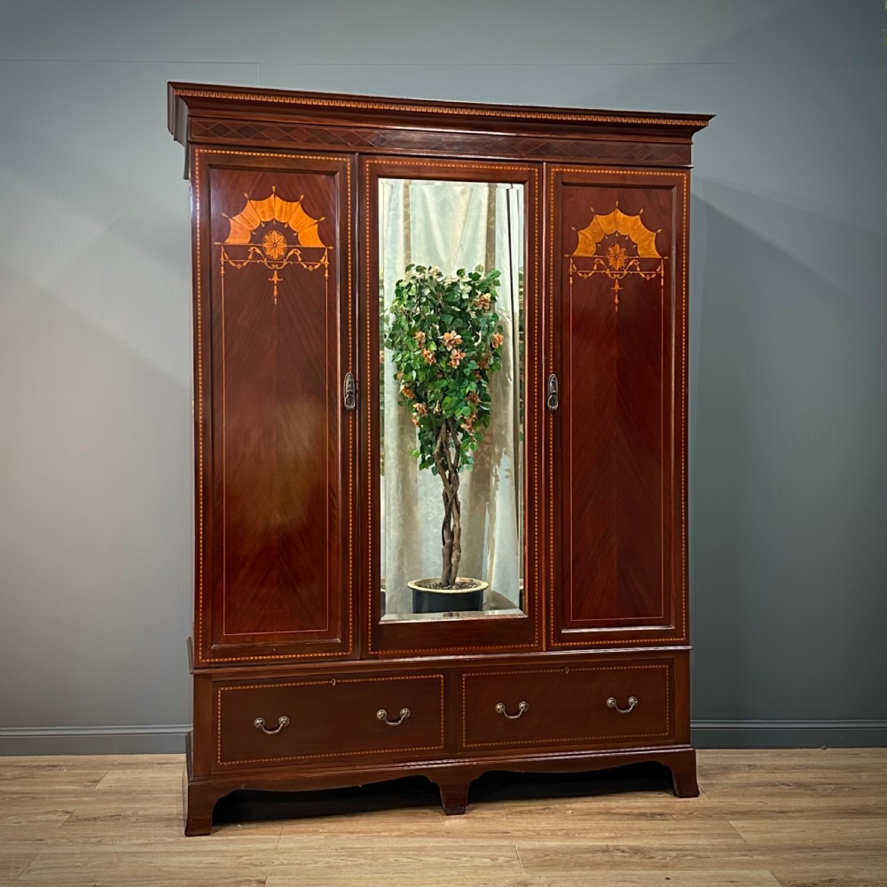 attractive large antique edwardian harris lebus inlaid mahogany triple wardrobe