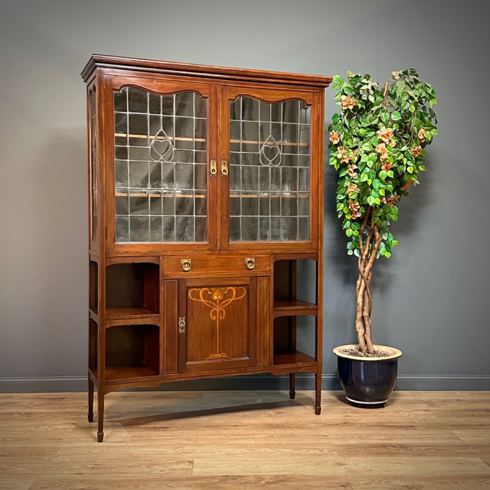 attractive large antique art nouveau lead glazed inlaid mahogany display cabinet