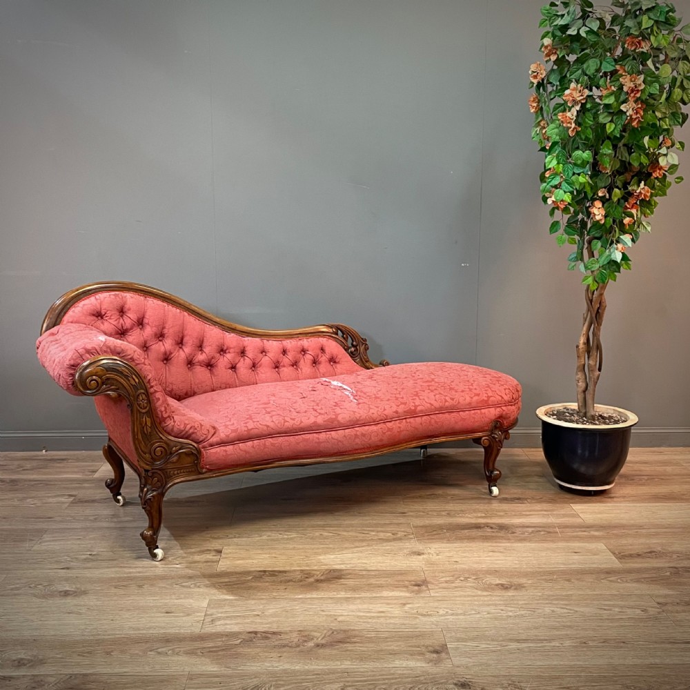 attractive antique victorian carved walnut chaise longue for reupholstery