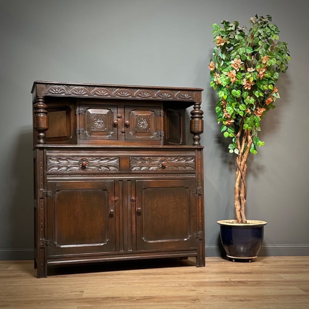 attractive large vintage ornately carved oak court cupboard cabinet