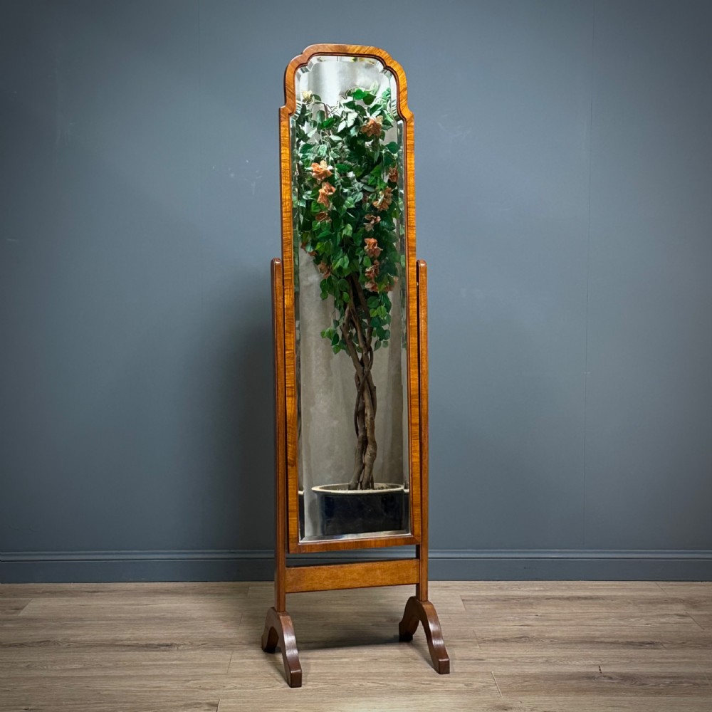 attractive antique walnut floor standing slender cheval mirror