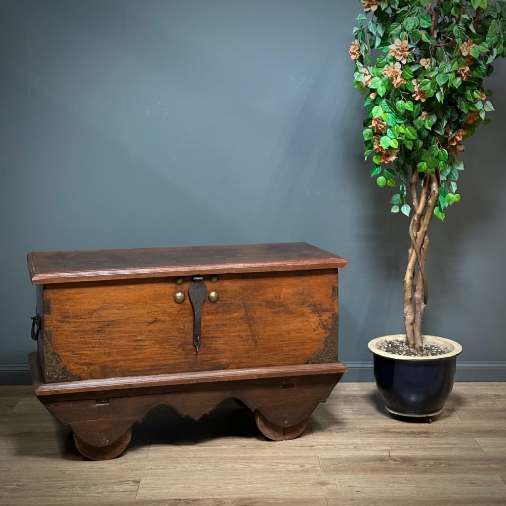 antique victorian large rustic teak gerobog marriage chest on wheels