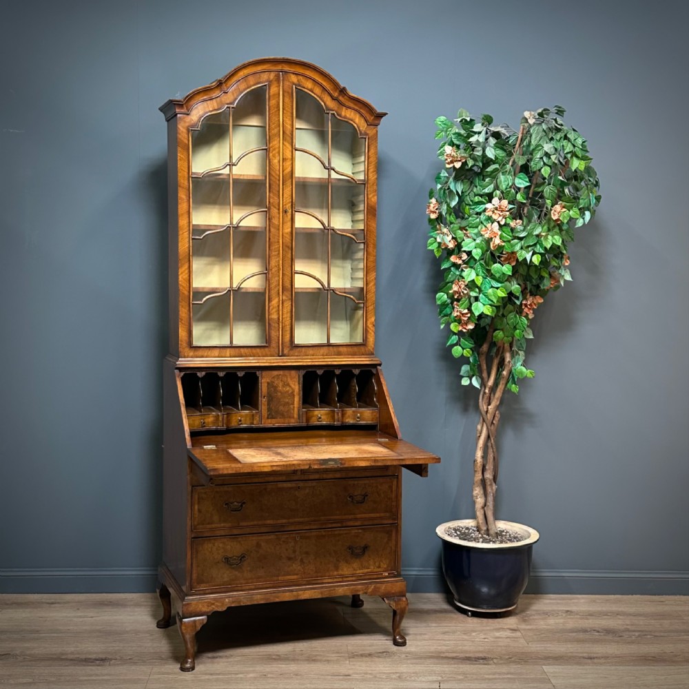 attractive vintage queen anne style burr walnut bureau bookcase