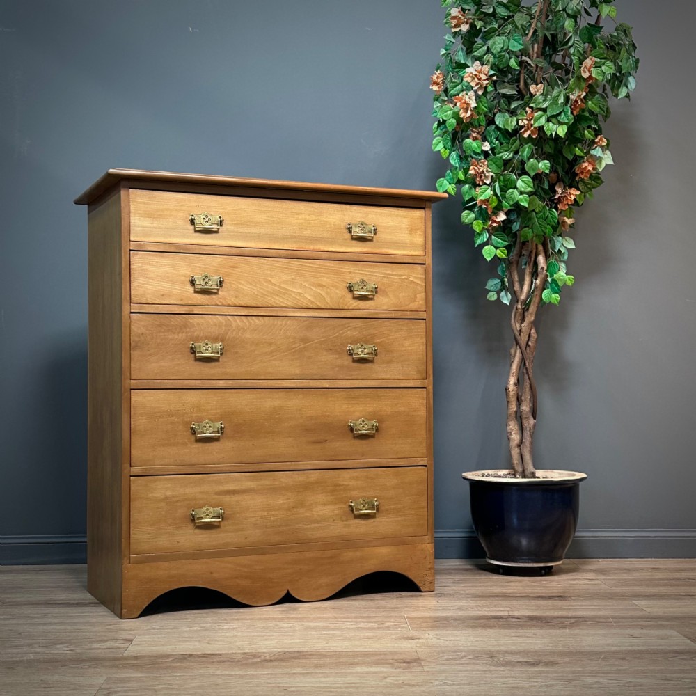 attractive large antique stripped pine chest of five drawers