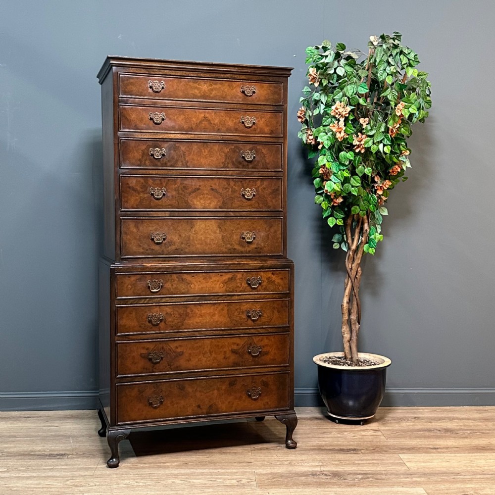 attractive large tall vintage burr walnut chest on chest of nine drawers