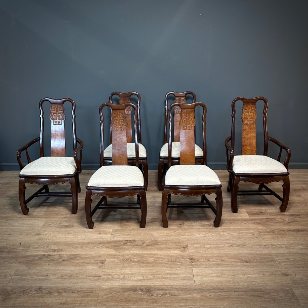 attractive set of six oriental large sturdy carved dining chairs carvers