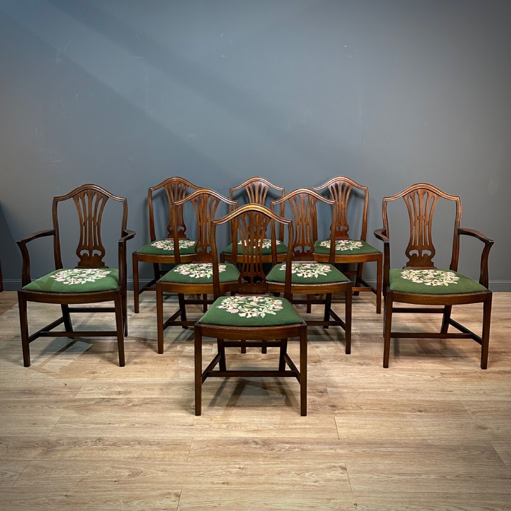 attractive set of eight antique mahogany dining chairs with carvers