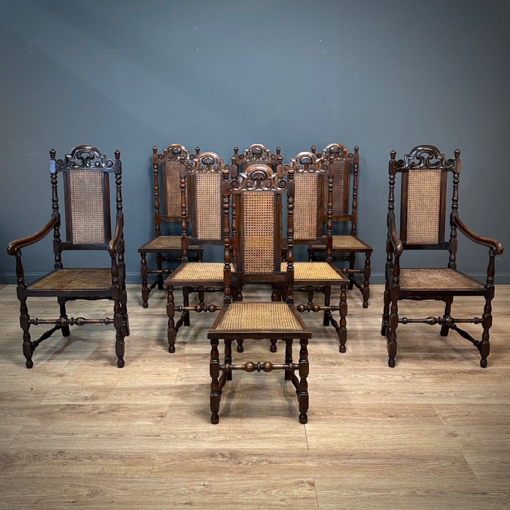set of 8 antique carolean style bergere dining chairs carvers for restoration