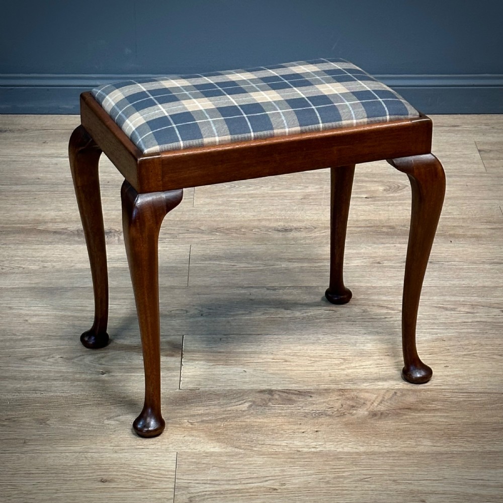 attractive small vintage mahogany queen anne newly upholstered tartan stool