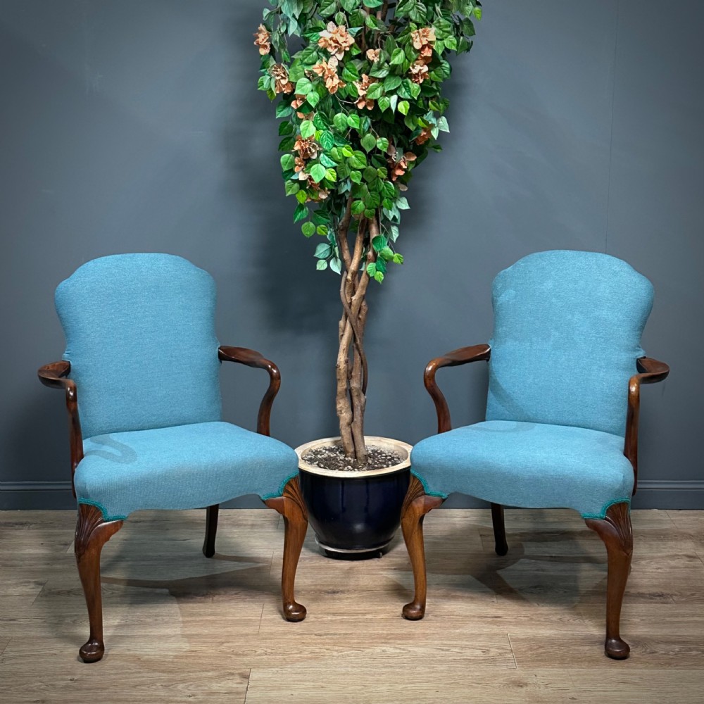 attractive pair of vintage mahogany armchairs newly upholstered in blue fabric