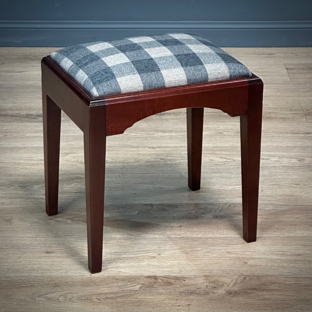attractive vintage mahogany newly upholstered stool blue grey check fabric