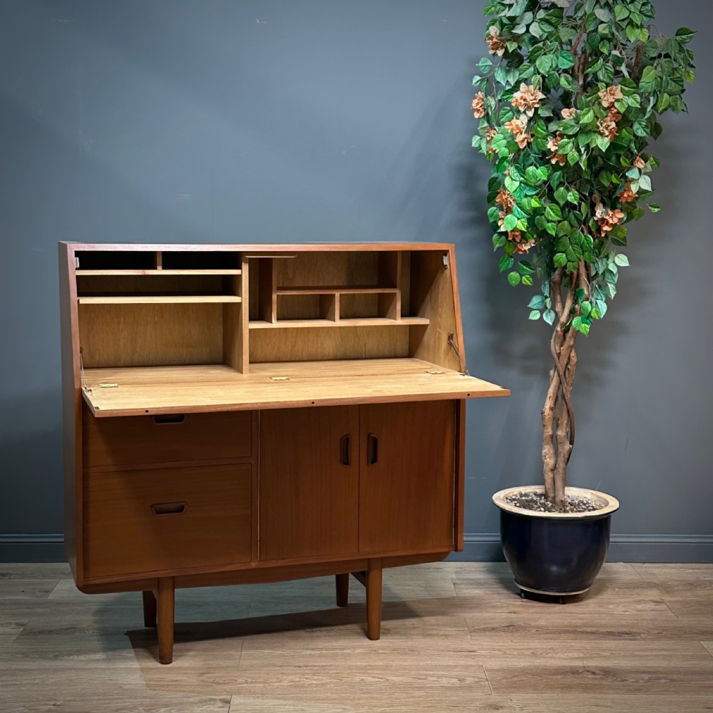 attractive large vintage teak writing bureau desk with drawers cupboard