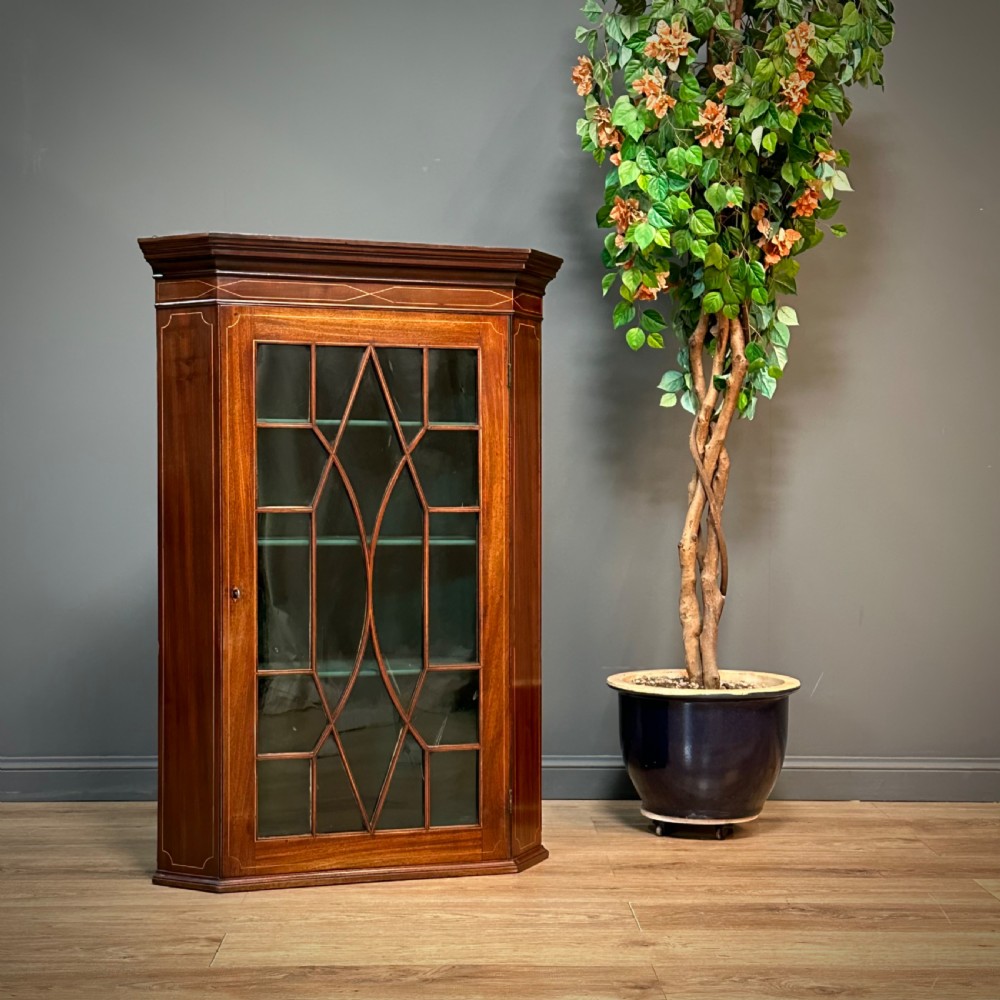 attractive antique georgian inlaid mahogany wall hung corner glazed cabinet