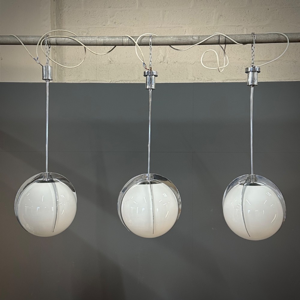 attractive set of three large vintage glass chrome bauhaus style pendant lamps