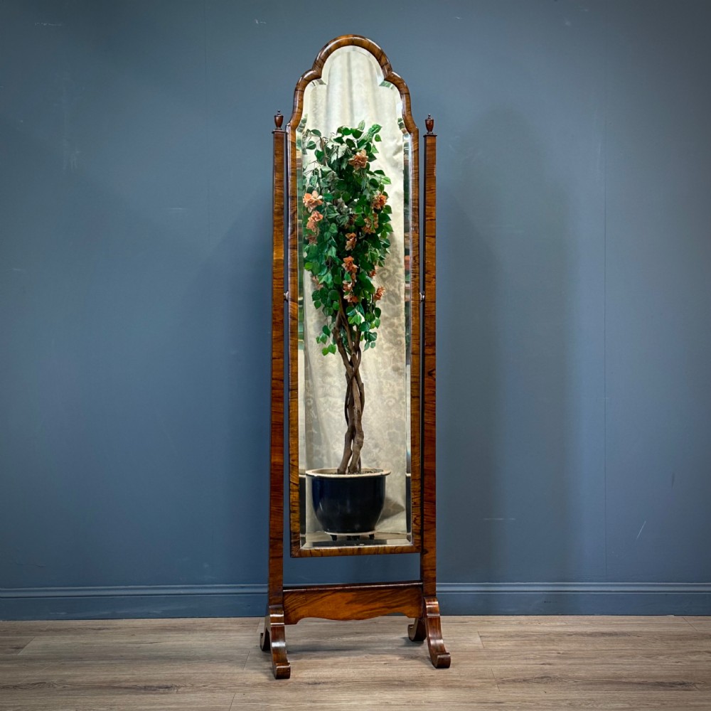 attractive tall antique walnut floor standing cheval mirror