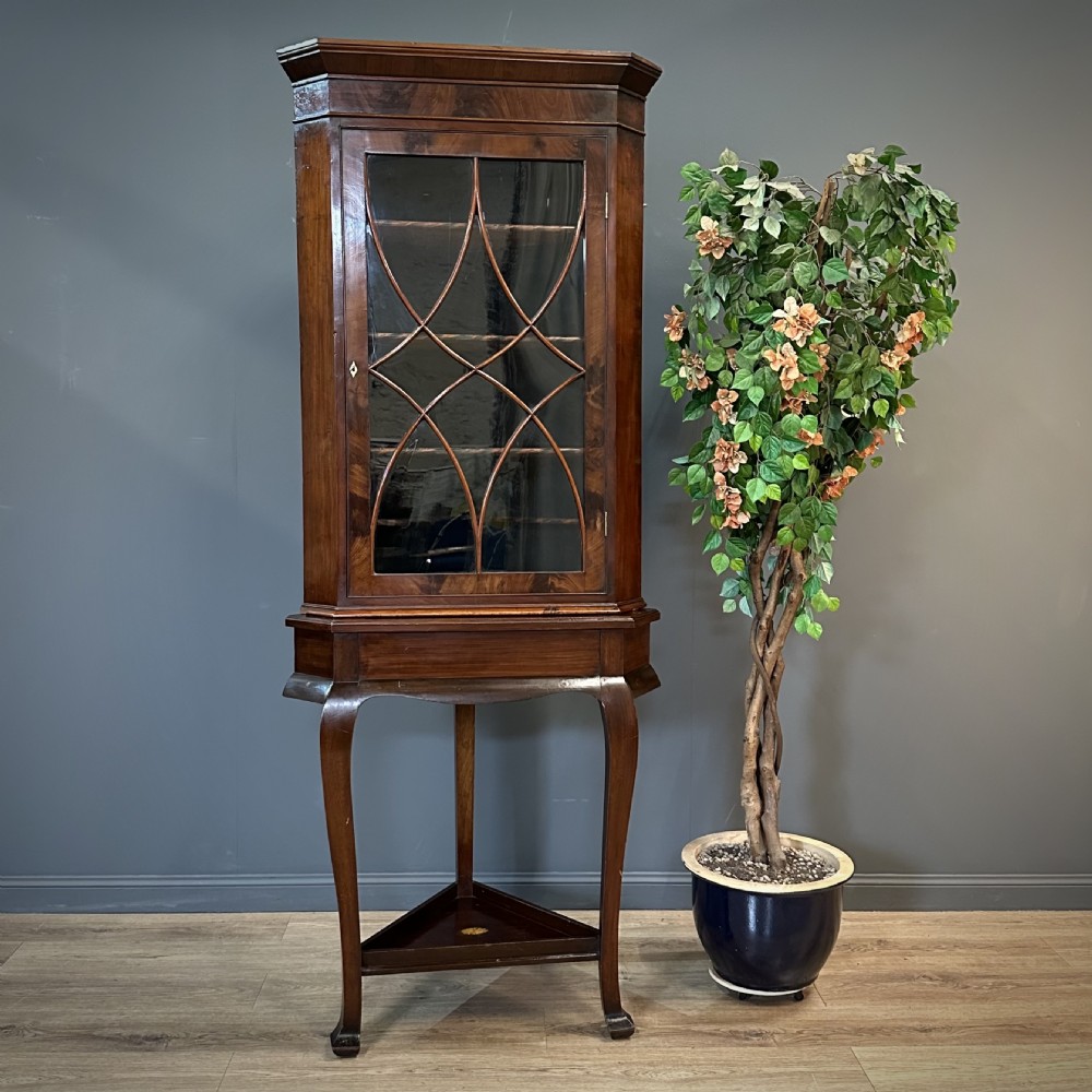 attractive tall georgian mahogany corner display cabinet on stand