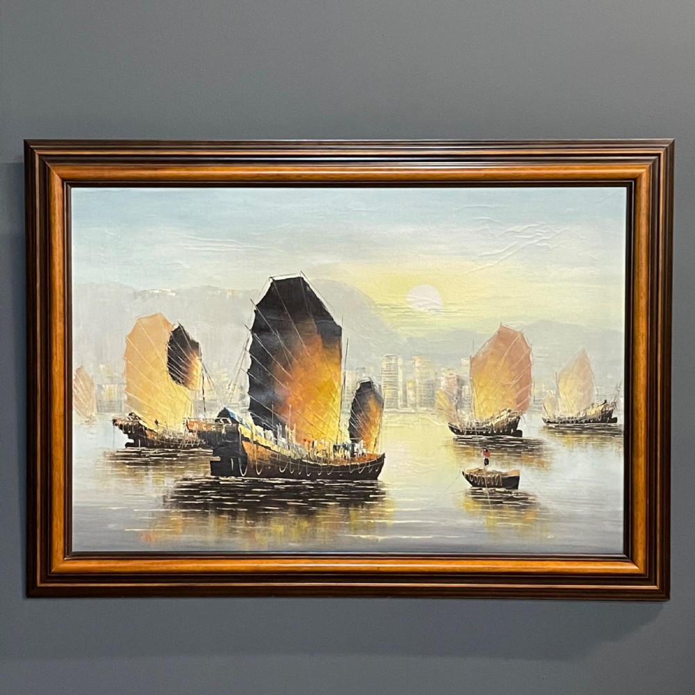 large framed oil painting of a hong kong harbour scene with junk boats on canvas
