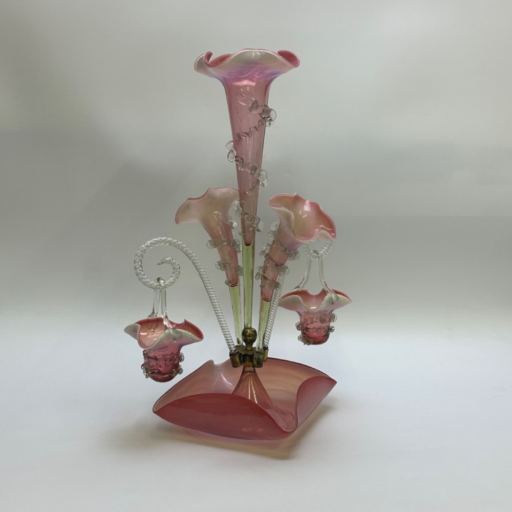 large antique victorian cranberry glass epergne with flutes and baskets