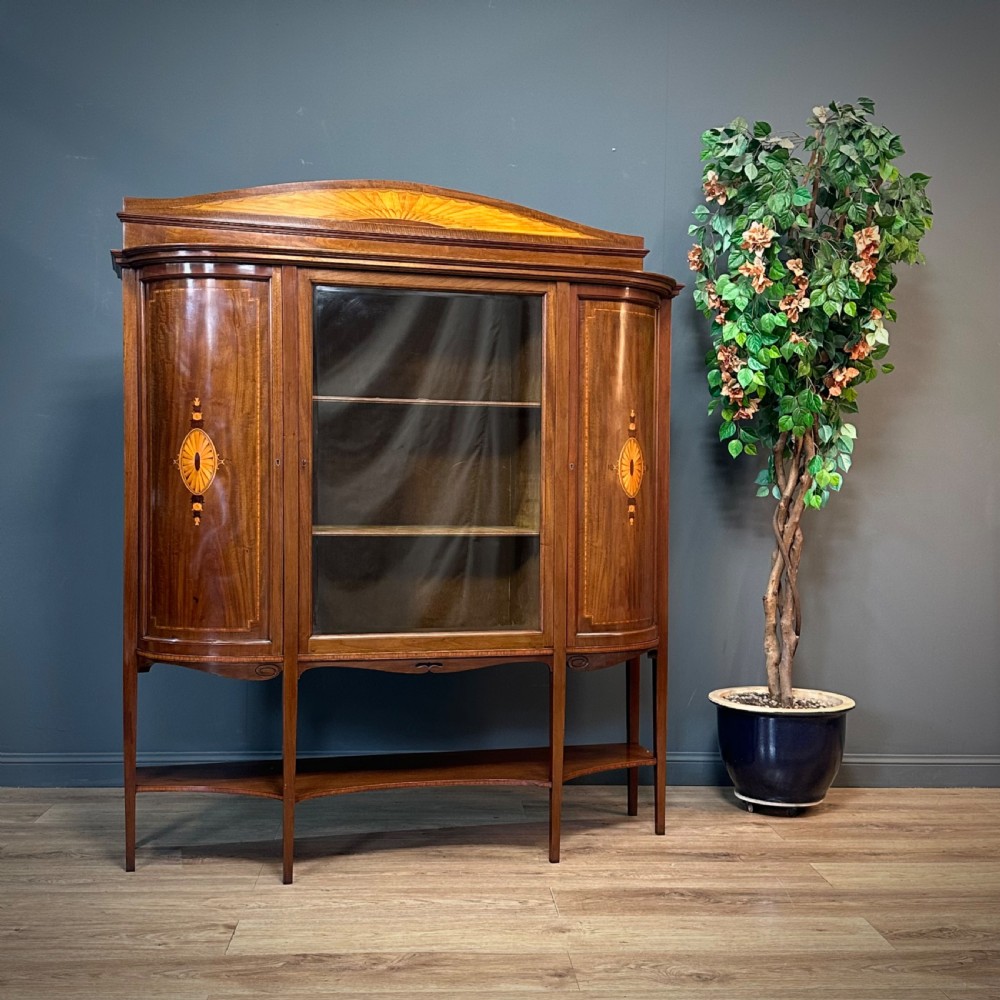 attractive large antique inlaid mahogany bow front display cabinet