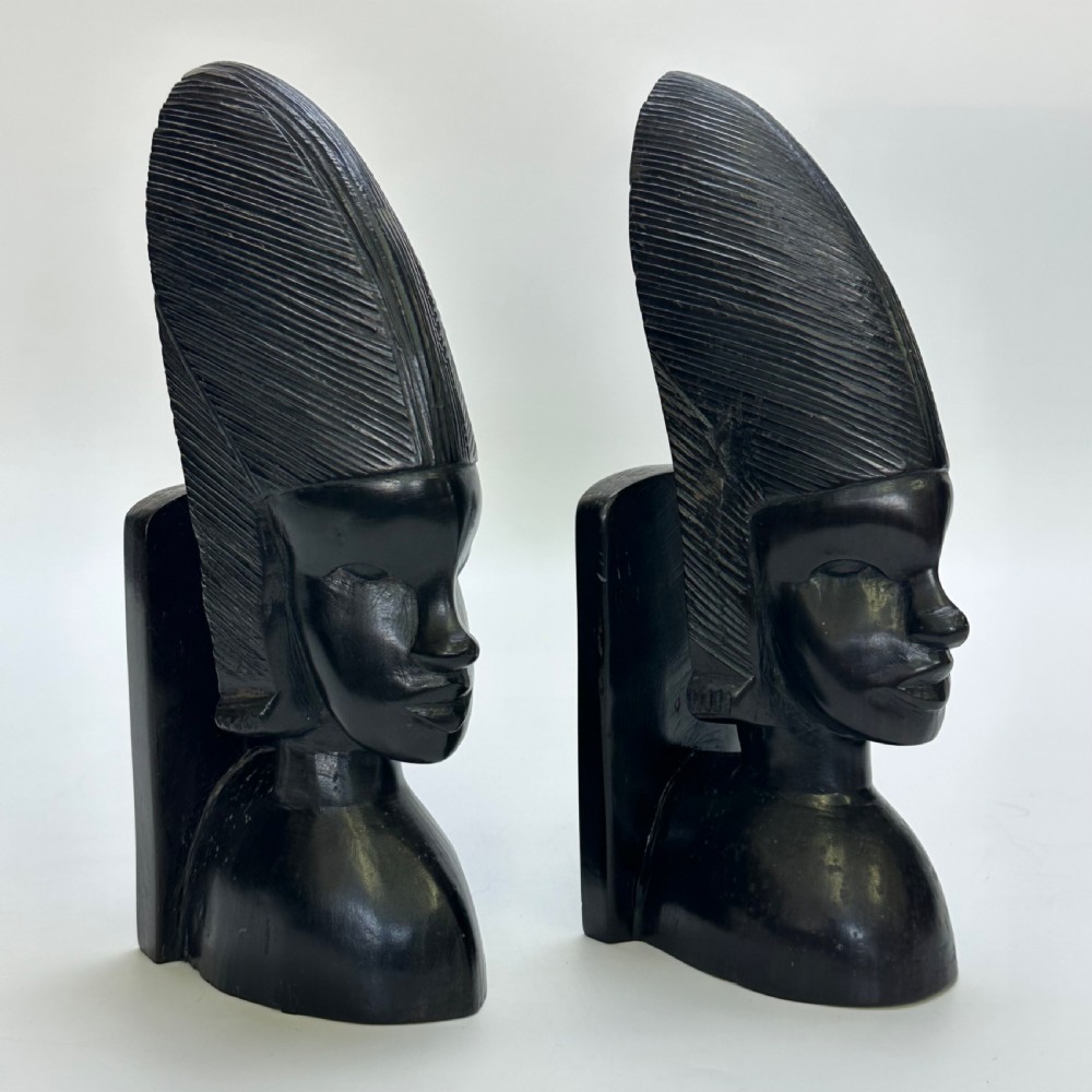 attractive pair of vintage tanzanian carved ebony wood bust bookends