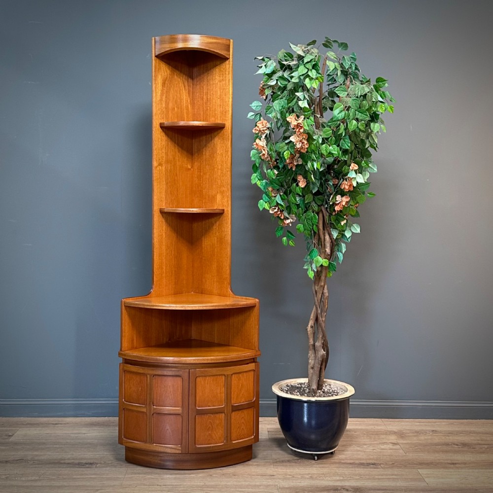 attractive tall mid century teak bow front corner display cabinet by nathan furniture