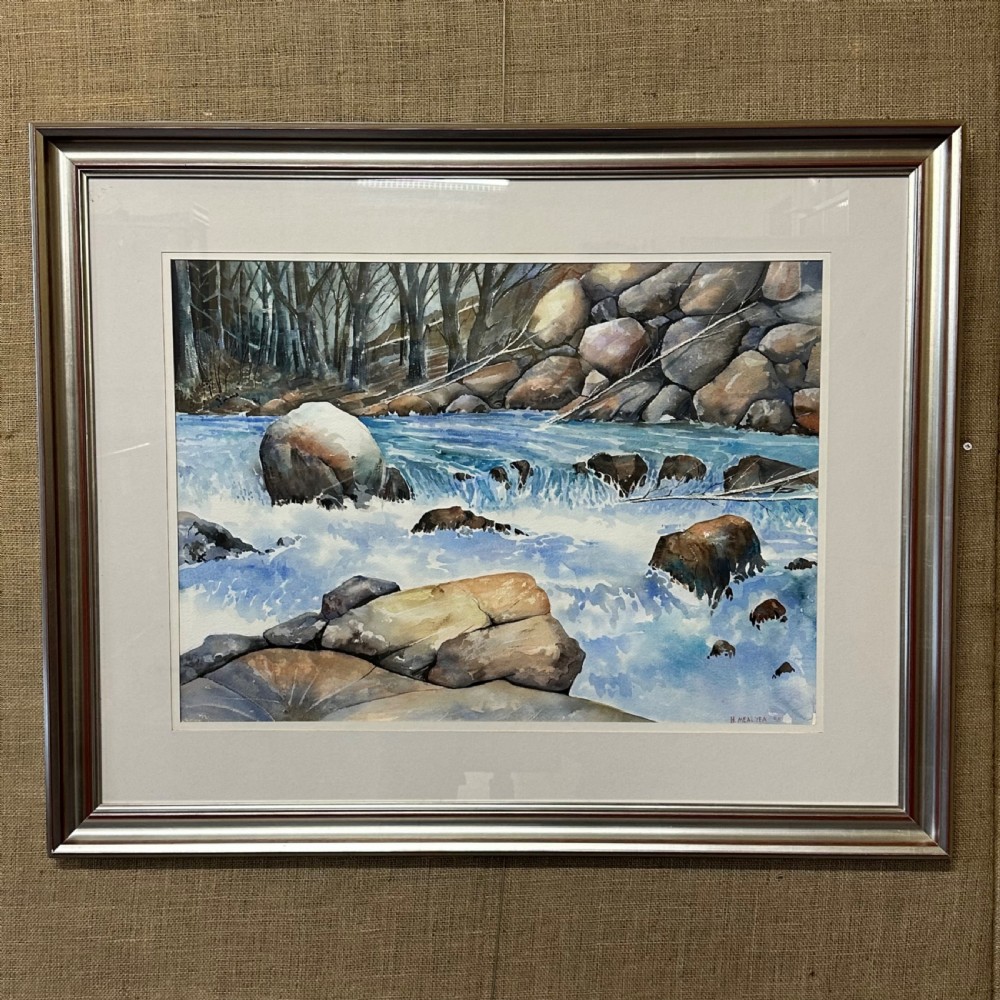 large framed winter river scene watercolour by artist h mealyea 106cm x 85cm