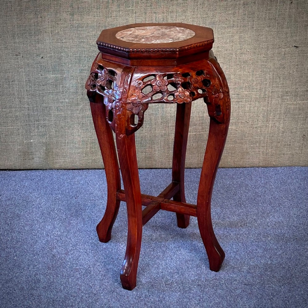 attractive vintage oriental carved cherrywood marble top plant stand