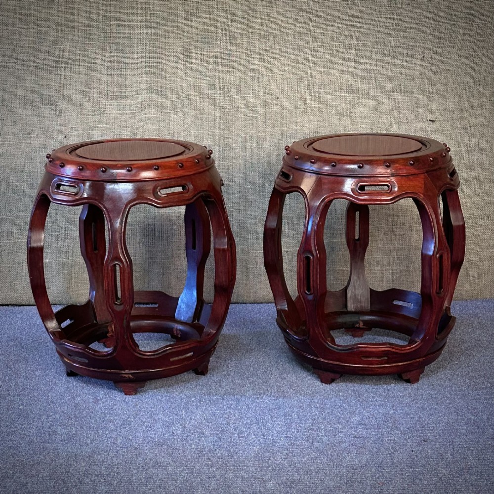 attractive pair oriental carved cherrywood stools stands