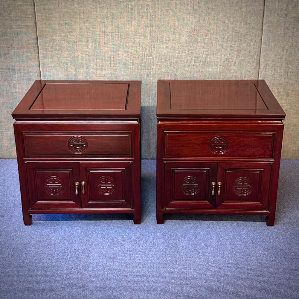 attractive pair of large carved cherrywood oriental side cabinets lamp tables