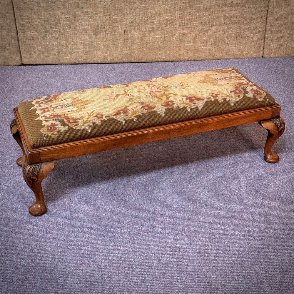 attractive antique wide low carved walnut upholstered tapestry stool