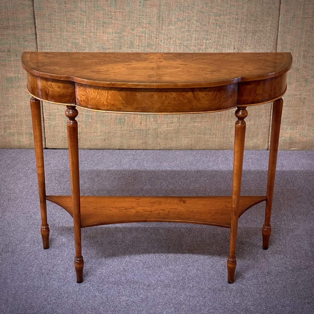 attractive high quality charles barr burr walnut hall table with integral drawer