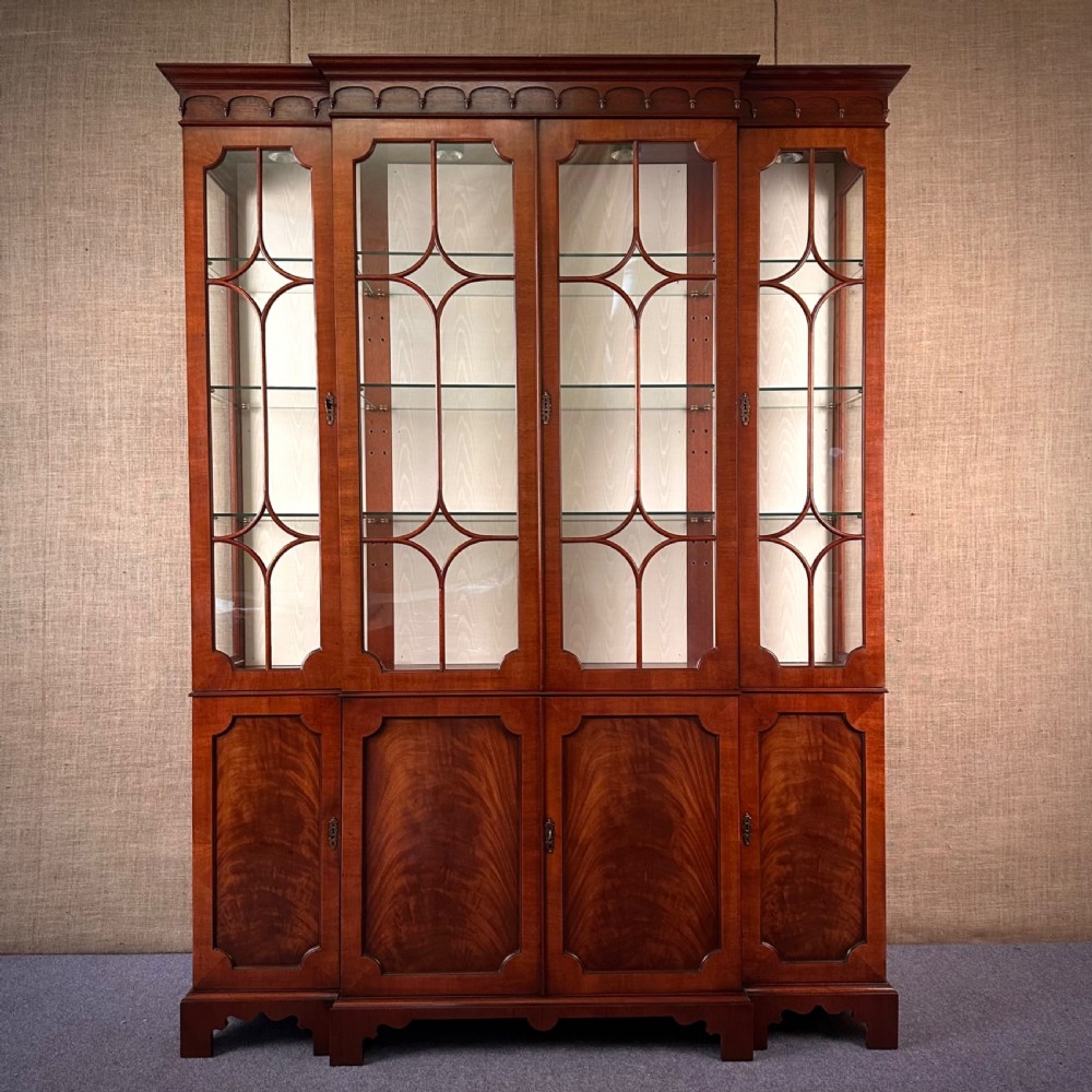 attractive high quality large antique style mahogany breakfront display cabinet