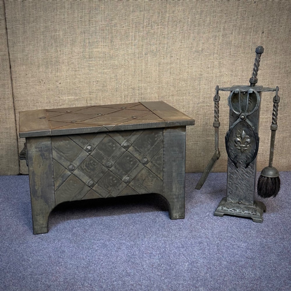 attractive antique arts crafts coal log box and fireside tools