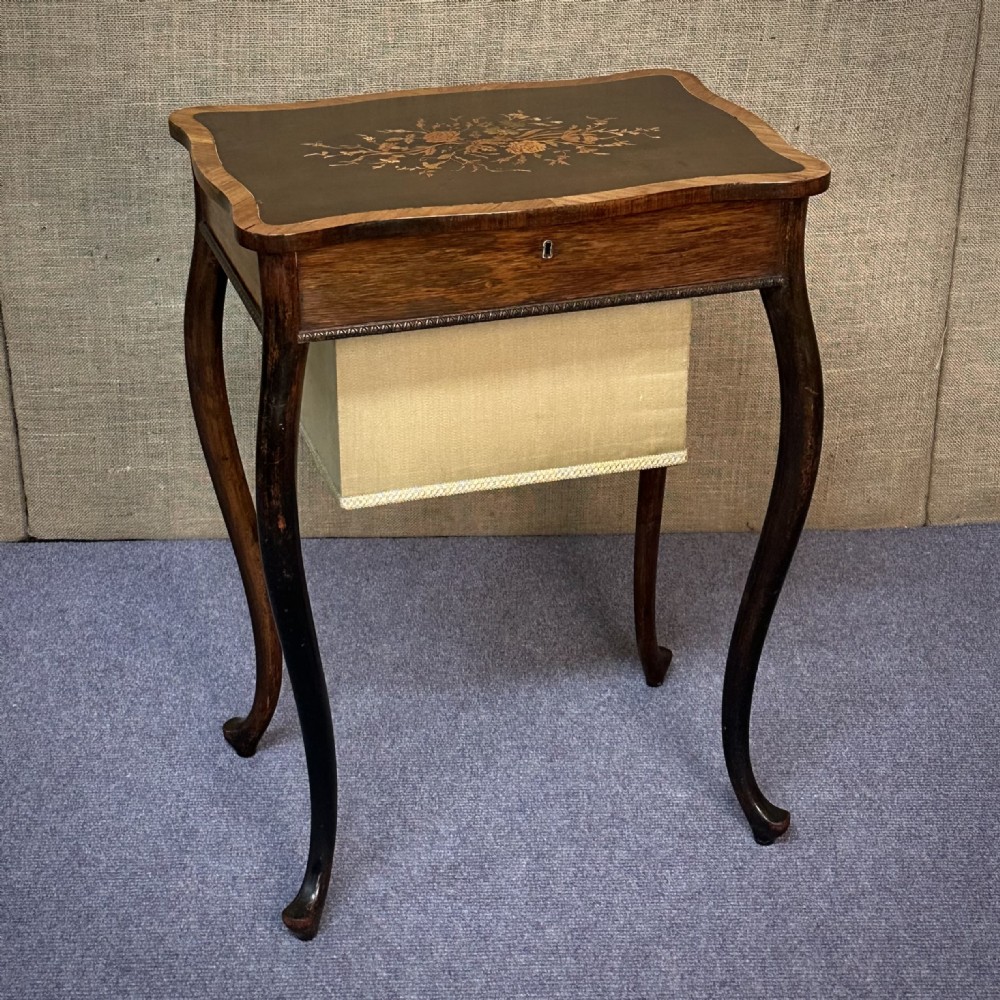 attractive antique victorian floral inlaid rosewood sewing work table